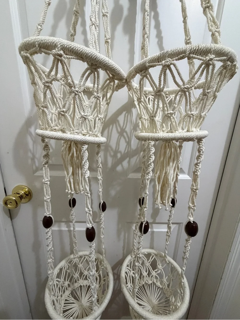 2 Vtg Macramé Hanging Planters 2 tier Pot Holders Cream Rope/Wood Beads, Tassels
